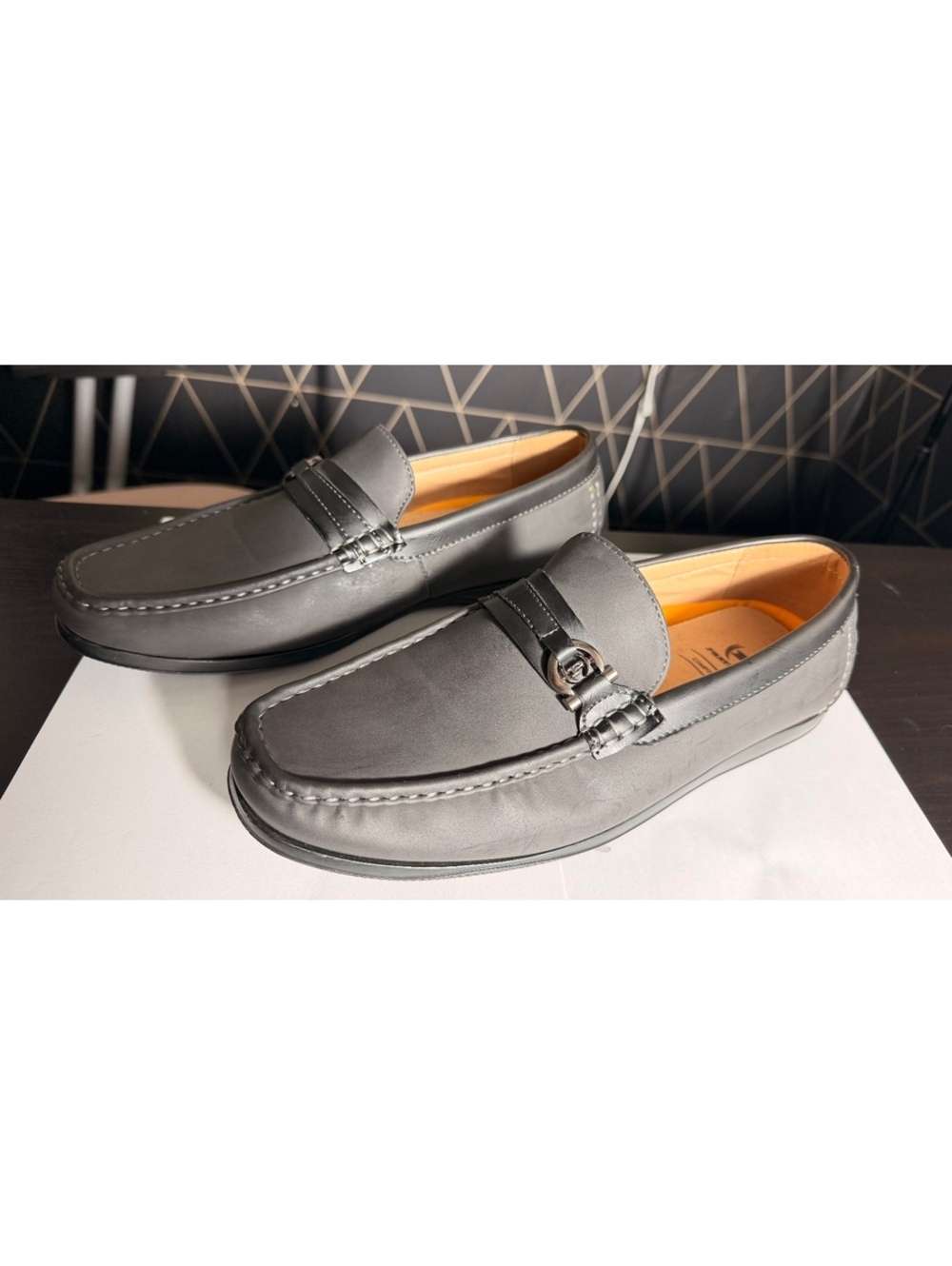 Men's Gray Leather Loafers with Black Strap and Silver Buckle